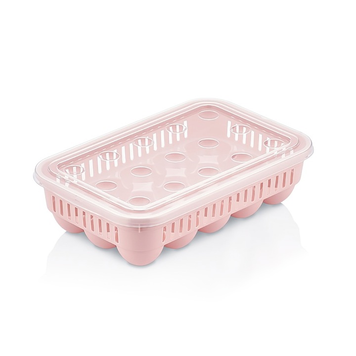 Cutie alimentara din plastic, pentru oua, etans, stivuibil, roz, 15 compartimente
