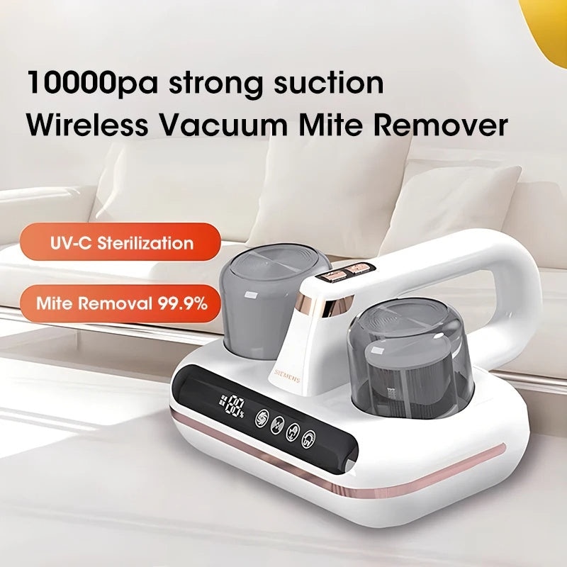 Aspirator de mana, WALALLA, Wireless, Sterilizare cu lumina violeta, Antiacarieni, Potrivit pentru saltea, perna, canapea, curatare auto, 24x23x12.5cm, Alb