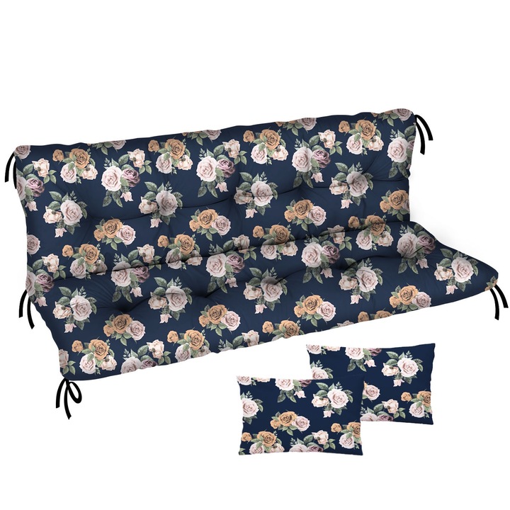 Saltea perna pentru leagan, banca de gradina, pentru mobilier din paleti, matlasata, 2 bucati, Trandafiri, 150x50x50 K+K