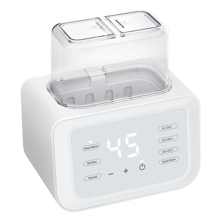 Palackmelegítő, WALALLA, 24 órás termosztát, Dupla palack kivitel, kiolvasztással, sterilizáló funkcióval, bébiétel üvegekhez való melegítéssel, 0,8l, Fehér