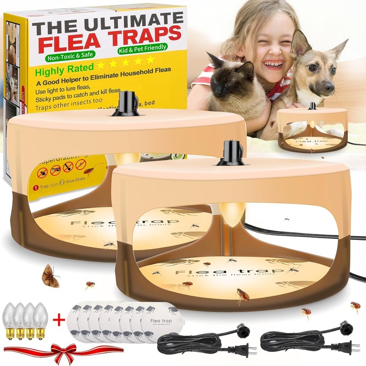 Pachet de 2 capcane pentru purici pentru interiorul casei dvs, Puepoul, cu 8 discuri lipicioase si 4 becuri si 2 fire electrice, control daunator, non-toxic si inofensiv, Material PP, Bej/Maro