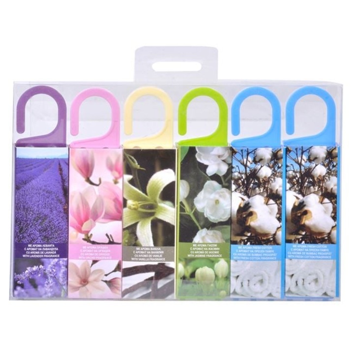 Set 6 odorizante AVA pentru dulap, cu agatatoare, 5 arome, 3.5x1.5x13cm