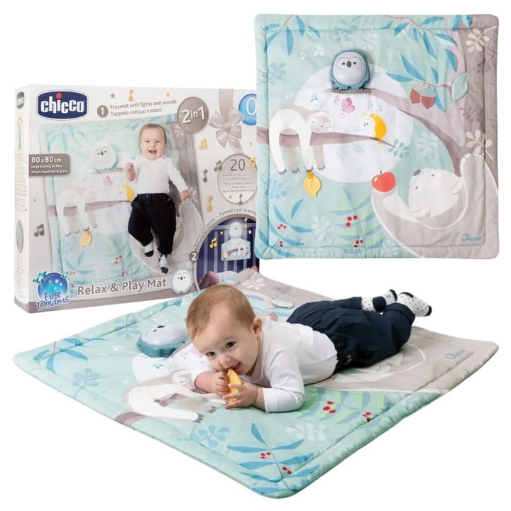 Килими, Chicco, постелка за бебета 2в1, интерактивна сова, интерактивна играчка, сензорно развитие, успокояваща музика