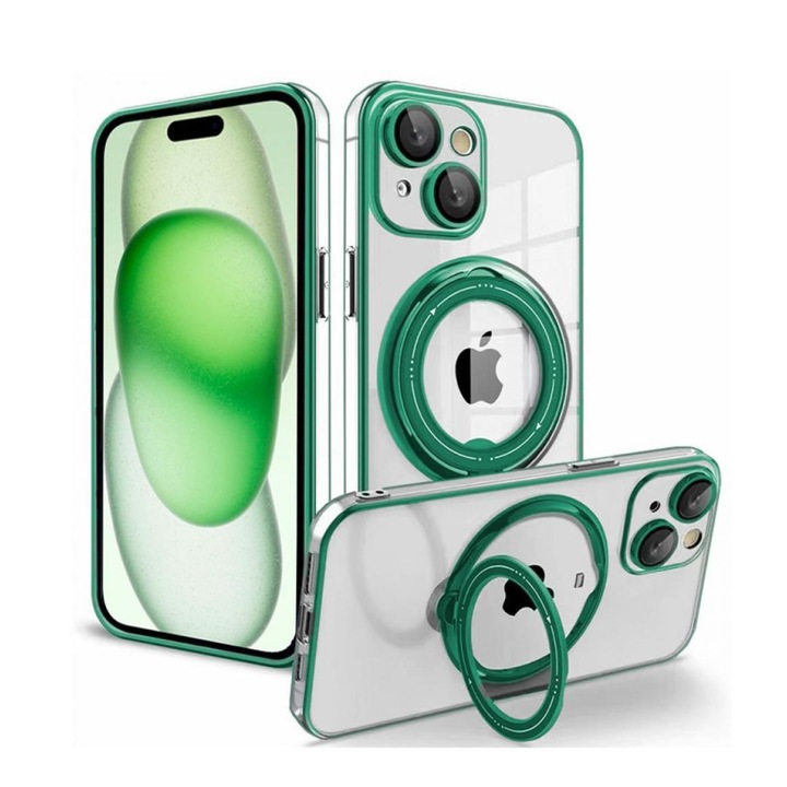 Husa de Protectie, Compatibila Apple iPhone 15, Inel magnetic pentru suport si incarcare cu rotire de 360 grade, Rezistenta la socuri, Verde, Subtire si usoara