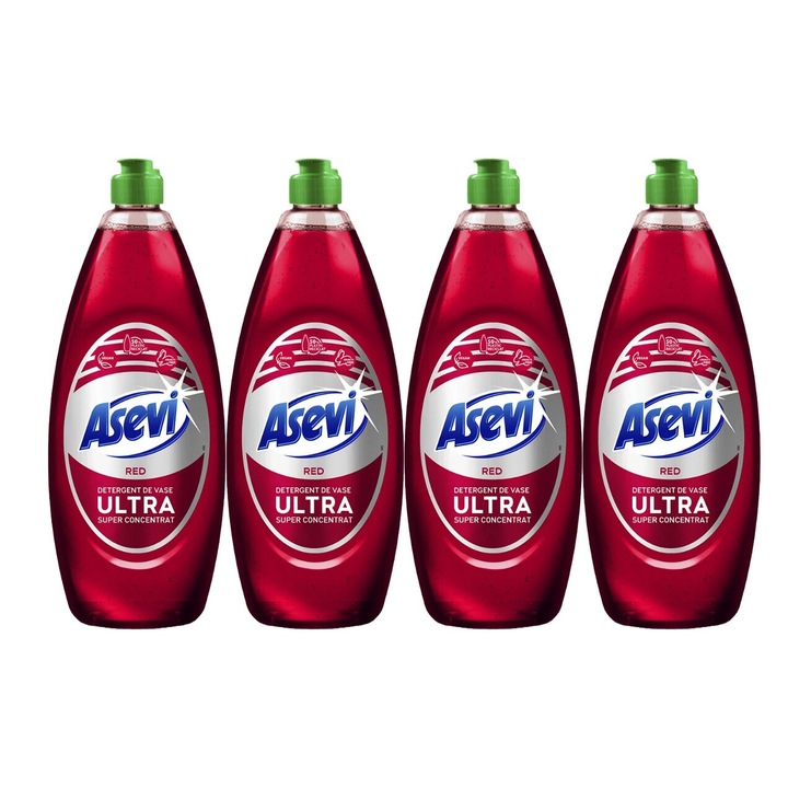 Set 4 x Asevi Detergent Vase 650ML Ultra Concentrat Red, indeparteaza petele, rapid si eficient, testat dermatologic, prospetime de lunga durata, elimina mirosuri neplacute