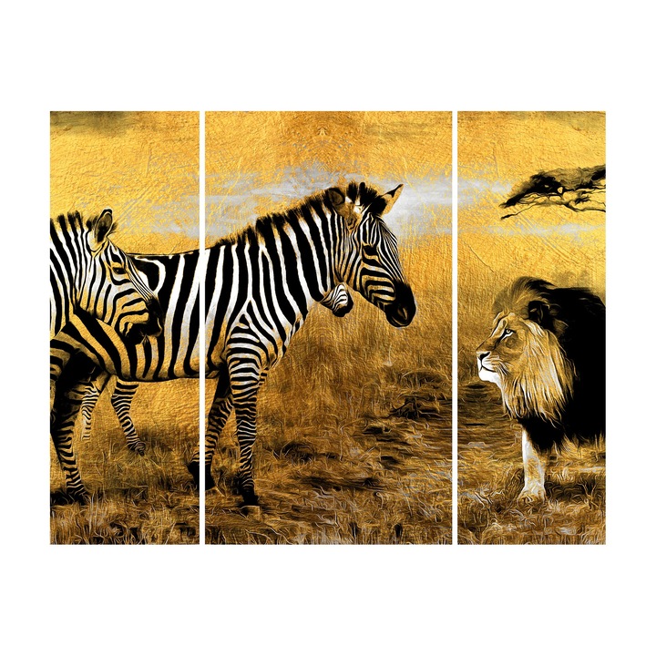 Tablou canvas Zebre si leu 9997, panza 360g pe sasiu lemn 40cm x 50cm, Living, Dormitor