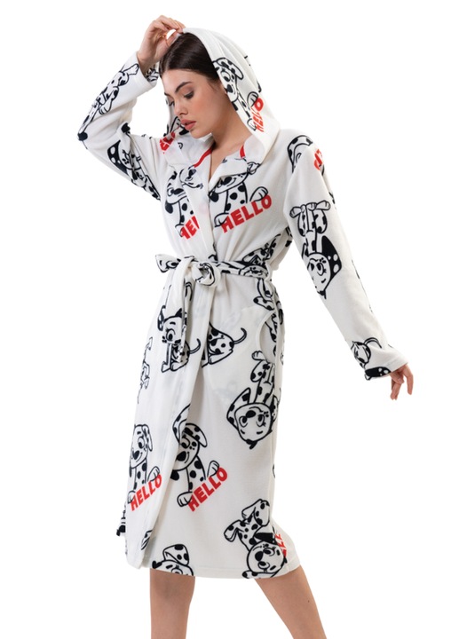 Halat de baie pentru dama, Alb, Negru, Fleece, Alb/Negru