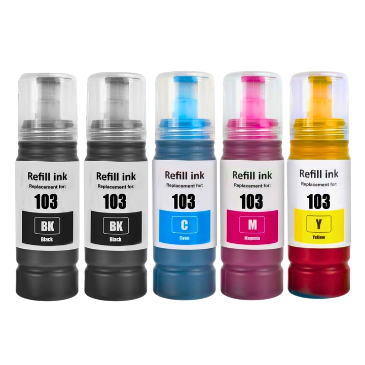 Комплект от 5 бутилки с мастило, HQ-WB, за Epson 103/101/102/104 CMYK, 2X70 ml черно, 70 ml CMY, съвместими с EcoTank L1110, L1250, L3100, L3110, L3150, L3160, L3210, L3211, L3250, L3251, L3256, L519