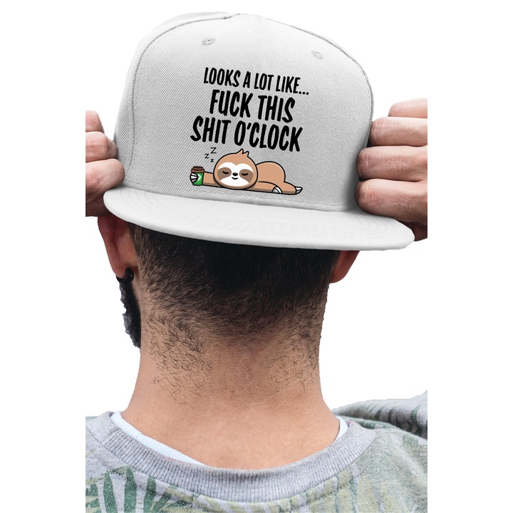 Sapca rap unisex cu imprimeu, Looks a lot like o'clock, Bumbac, Alb, S