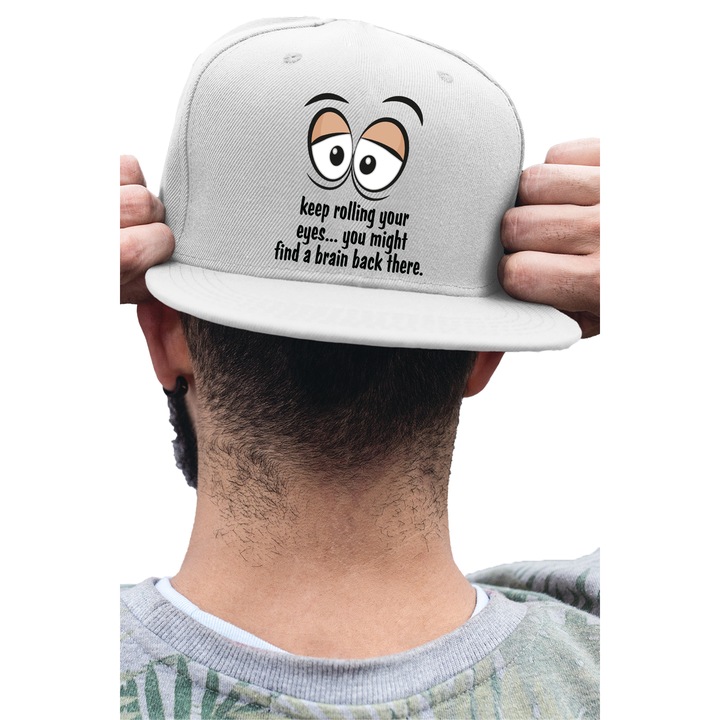 Sapca rap unisex cu imprimeu, Keep rolling your eyes, Bumbac, Alb, S