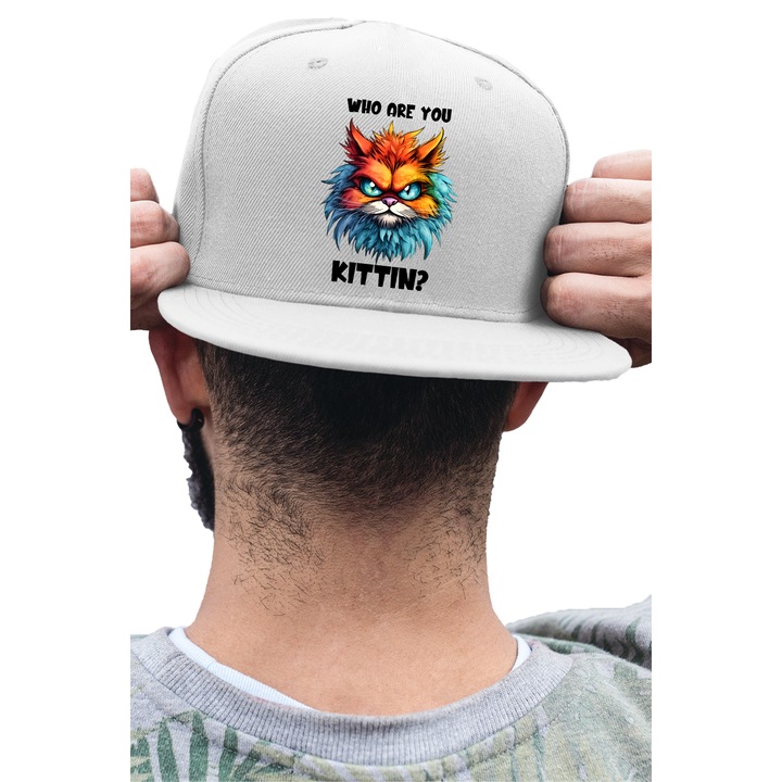 Sapca rap unisex cu imprimeu, Who are you kittin?, Bumbac, Alb, S