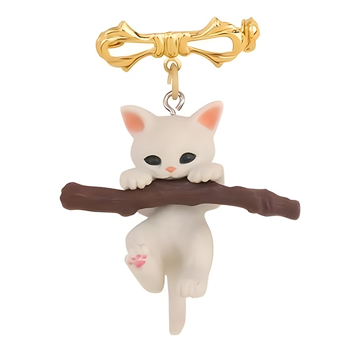 Brosa dama, model cu pisicuta adorabila, tematica cute cat, alba, EFAYN