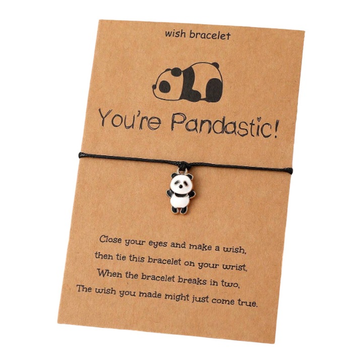 Bratara unisex, model delicat cu pandantiv panda simpatic, tematica pandastic world, negru cu alb, EFAYN