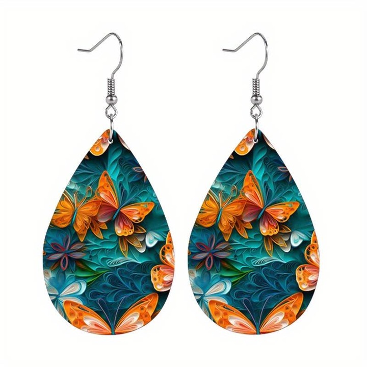 Cercei dama, model deosebit cu fluturasi, pandantiv cu imprimeu grafic, tematica beautiful butterfly, multicolori, EFAYN