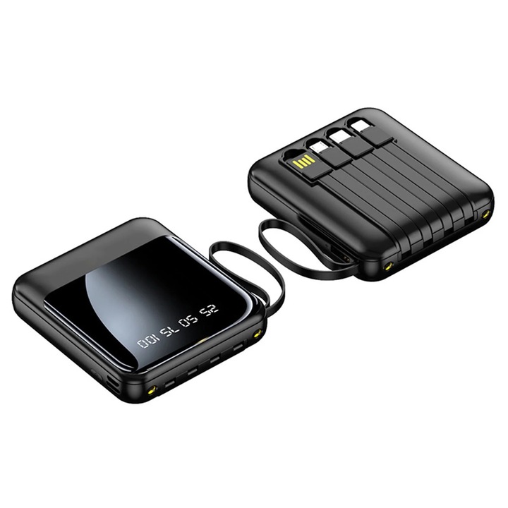 Baterie externa auxiliara, Axroad Mall, 20000mAh, Cu 4 in 1 Cablu de alimentare magnetice portabile, Fast charge, Afisaj digital LED, lanterna incorporata, Jumatate de ecran, Compatibil cu Samsung, IPhone, LG, Huawei, Negru