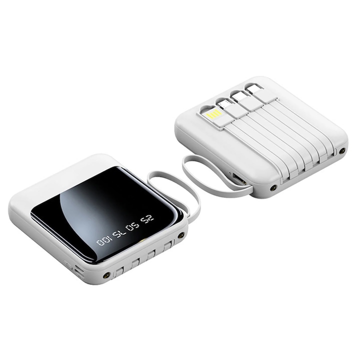 Допълнителна външна батерия, Axroad Mall, 20000mAh, с преносим магнитен захранващ кабел 4 в 1, бързо зареждане, LED цифров дисплей, вградено фенерче, половин екран, съвместим със Samsung, IPhone, LG, Huawei, бял