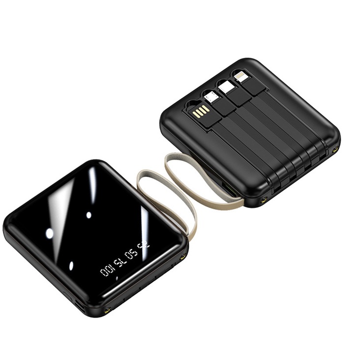 Baterie externa auxiliara, Axroad Mall, 20000mAh, Cu 4 in 1 Cablu de alimentare magnetice portabile, Fast charge, Afisaj digital LED, lanterna incorporata, Ecran complet, Compatibil cu Samsung, IPhone, LG, Huawei, Negru