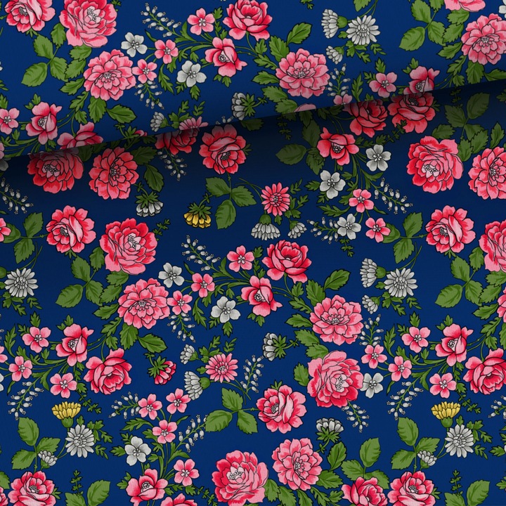 Material textil, Tricot jersey imprimat Folk: Highlander trandafiri albastru marin, bumbac 92%, elastan 8%