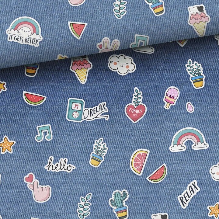 Material textil, Tricot jersey imprimat Blue Jeans patch-uri, bumbac 92%, elastan 8%