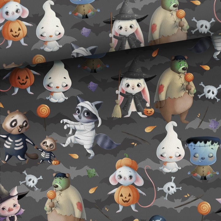 Material textil, Tricot french terry, Tricot trening imprimat Halloween fun, bumbac 95%, elastan 5%