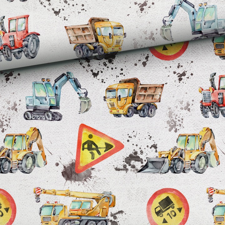 Material textil, Tricot french terry, Tricot trening imprimat Masini de constructii, bumbac 95%, elastan 5%