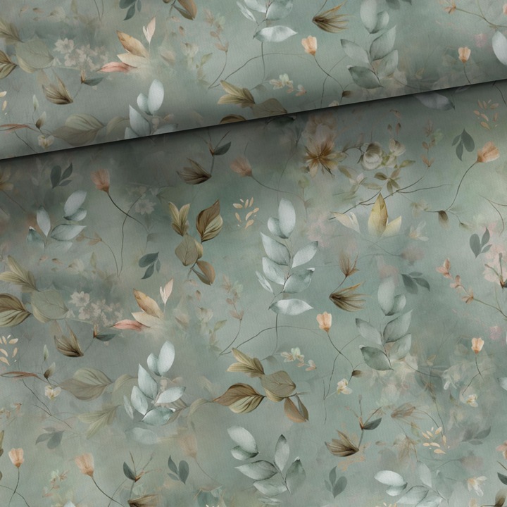 Material textil, Tricot jersey imprimat Frunze Primavara, bumbac 92%, elastan 8%