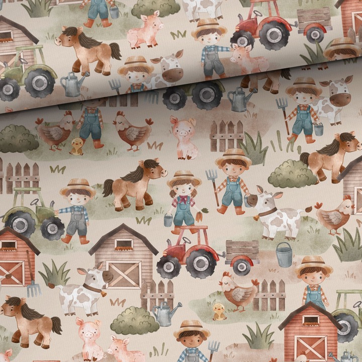 Material textil, Tricot jersey imprimat Fermieri, bumbac 92%, elastan 8%