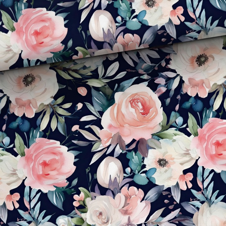 Material textil, Tricot jersey imprimat Flori roz albastru marin, bumbac 92%, elastan 8%