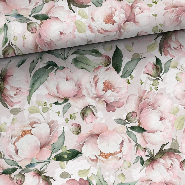 Material textil, Tricot french terry, Tricot trening imprimat Peonii luminoase, bumbac 95%, elastan 5%