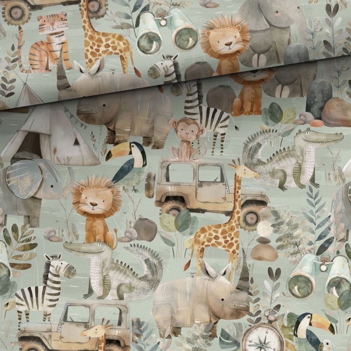 Material textil, Bumbac imprimat Safari verde, bumbac 100%
