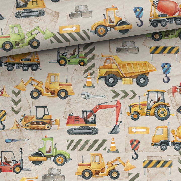 Material textil, Tricot jersey imprimat Santier de constructii, bumbac 92%, elastan 8%