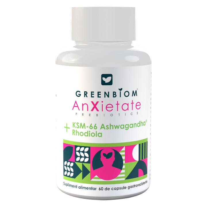 Supliment AnXietate - Ashwagandha, Rhodiola, Magneziu -Prebiotic pentru Reducerea Stresului si Anxietatii, 60 capsule, GREENBIOM