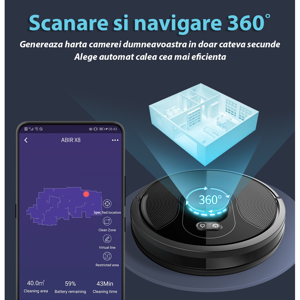 Robot de aspirare WiFi cu navigatie laser LDS SLAM, control prin aplicatie, sterilizare UV, baterie puternica de 3200mAh, rezervor generos de praf si apa, putere de aspirare de 4500Pa, Negru