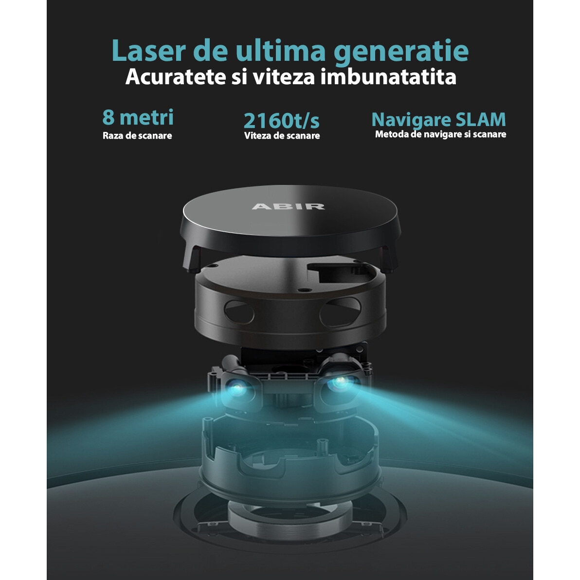 Robot de aspirare WiFi cu navigatie laser LDS SLAM, control prin aplicatie, sterilizare UV, baterie puternica de 3200mAh, rezervor generos de praf si apa, putere de aspirare de 4500Pa, Negru