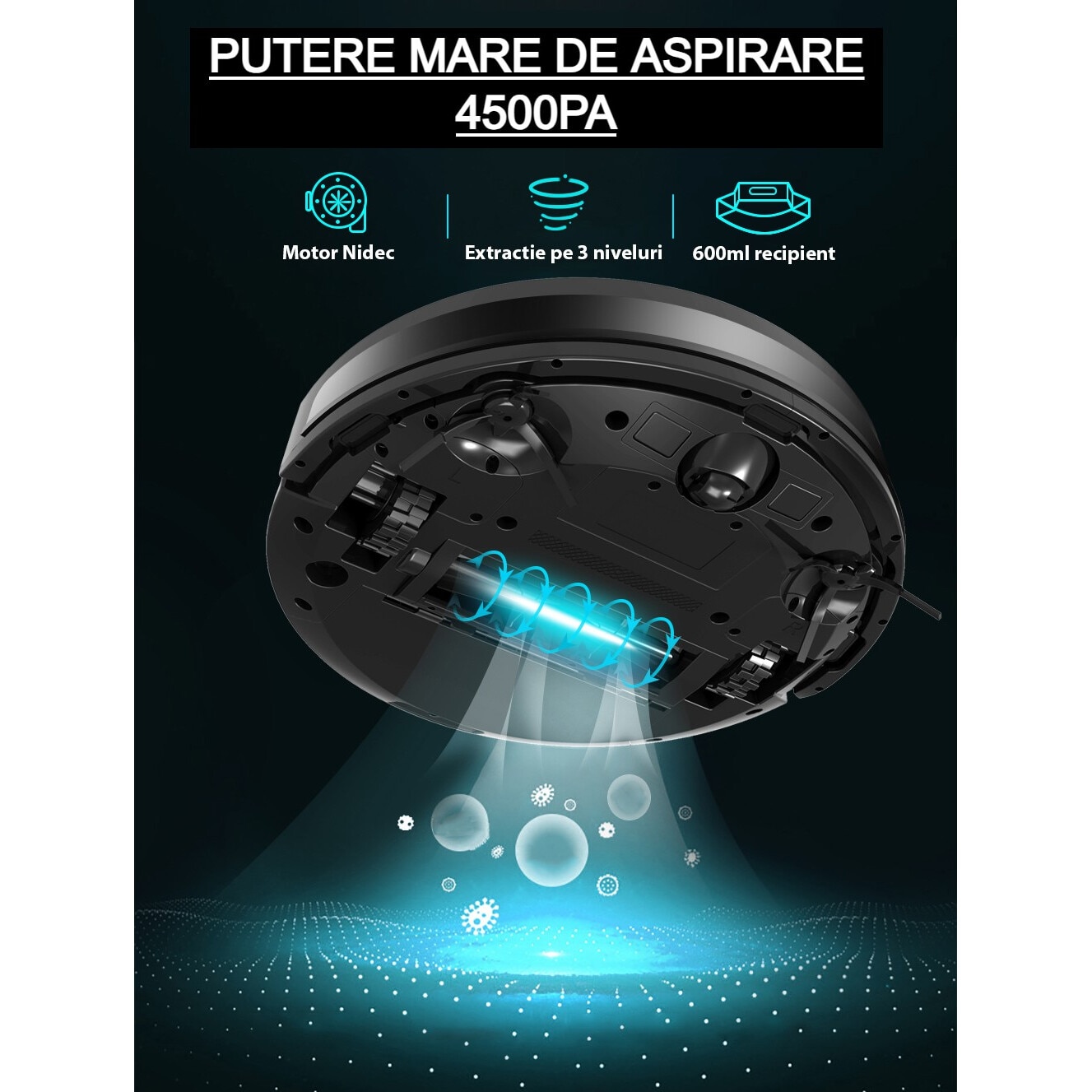 Robot de aspirare WiFi cu navigatie laser LDS SLAM, control prin aplicatie, sterilizare UV, baterie puternica de 3200mAh, rezervor generos de praf si apa, putere de aspirare de 4500Pa, Negru