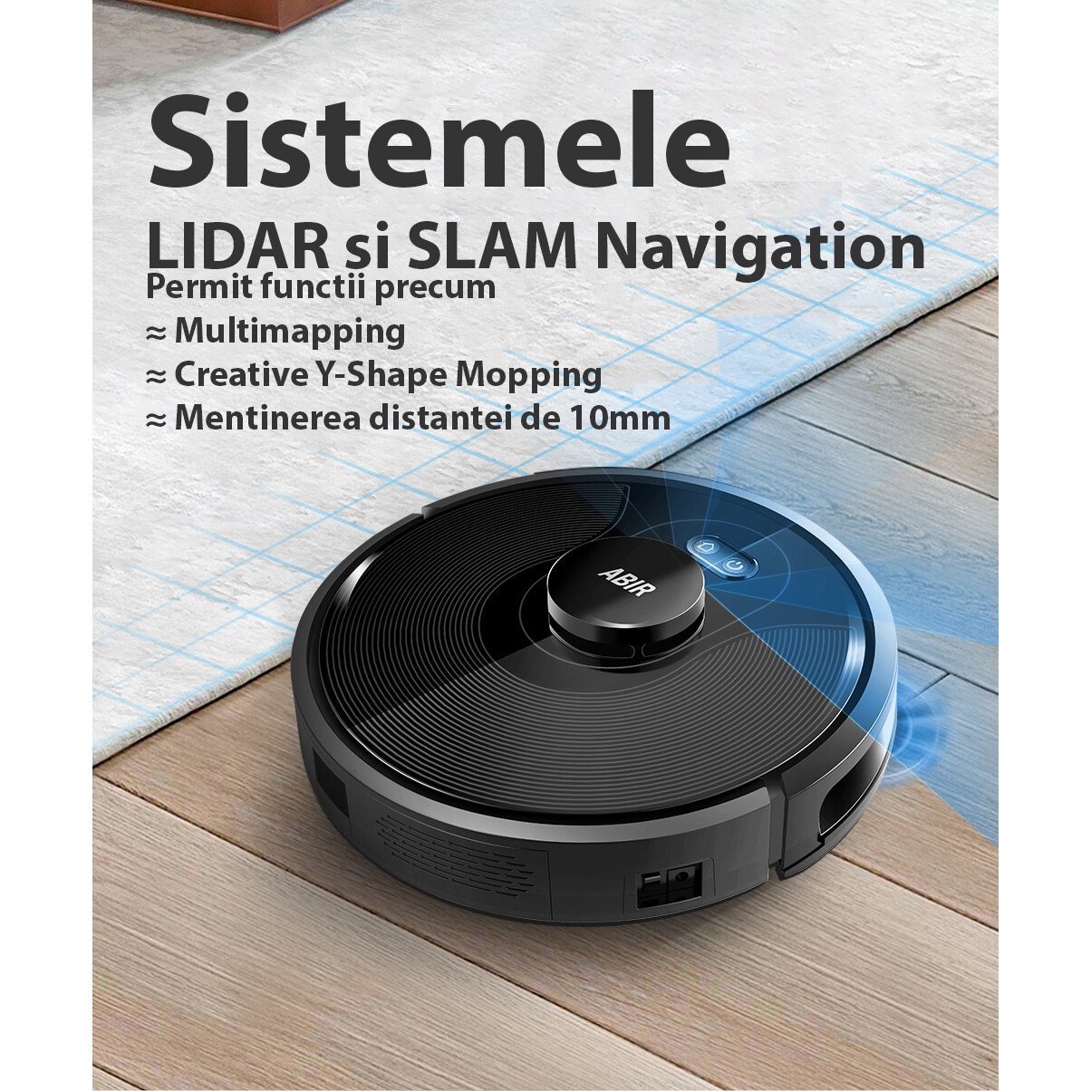 Robot de aspirare WiFi cu navigatie laser LDS SLAM, control prin aplicatie, sterilizare UV, baterie puternica de 3200mAh, rezervor generos de praf si apa, putere de aspirare de 4500Pa, Negru