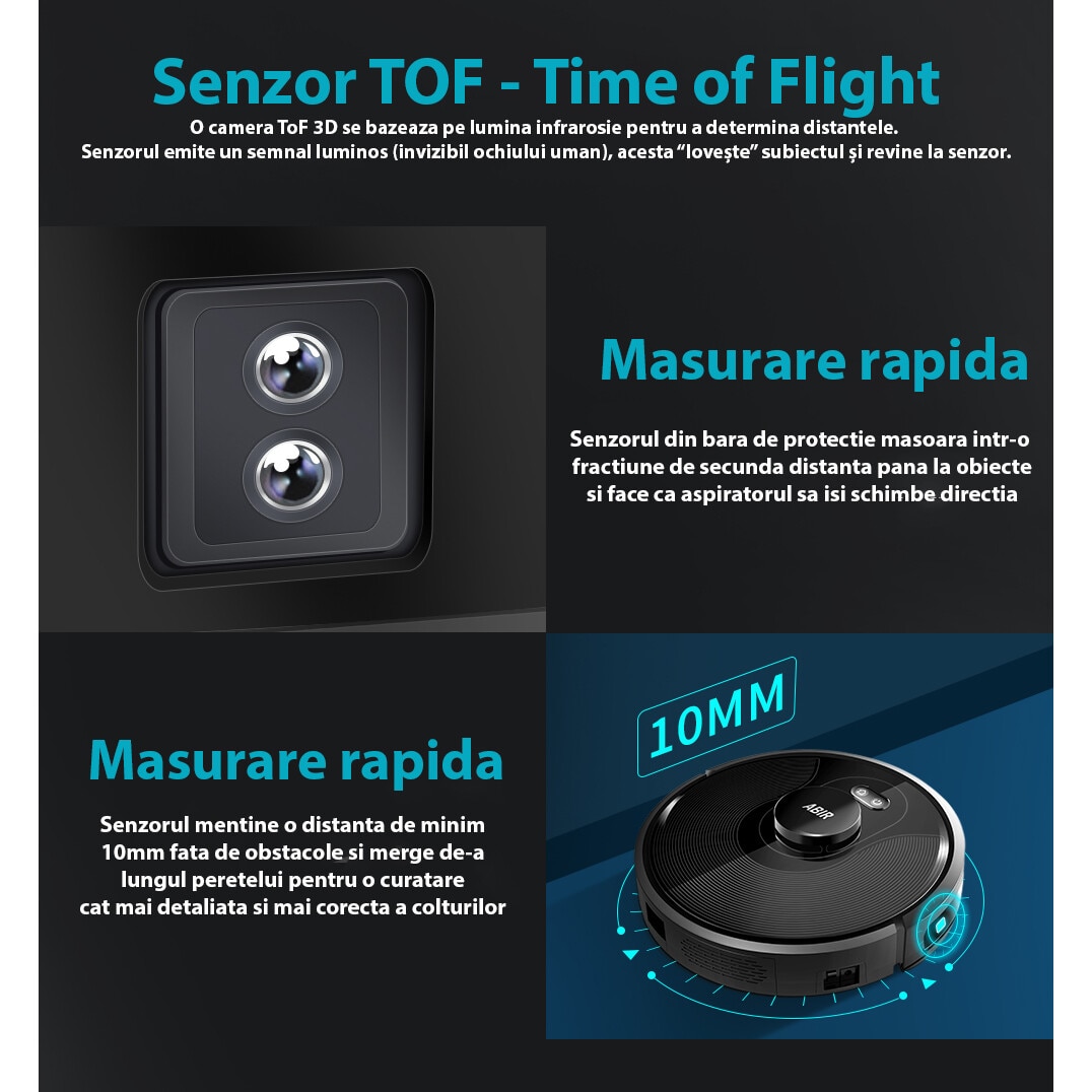Robot de aspirare WiFi cu navigatie laser LDS SLAM, control prin aplicatie, sterilizare UV, baterie puternica de 3200mAh, rezervor generos de praf si apa, putere de aspirare de 4500Pa, Negru