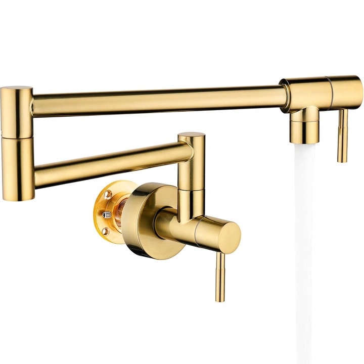 Смесител Elindor®, стенен, шарнирно разтегателно рамо, компактен дизайн, модерен стил, въртящ се кран, златен