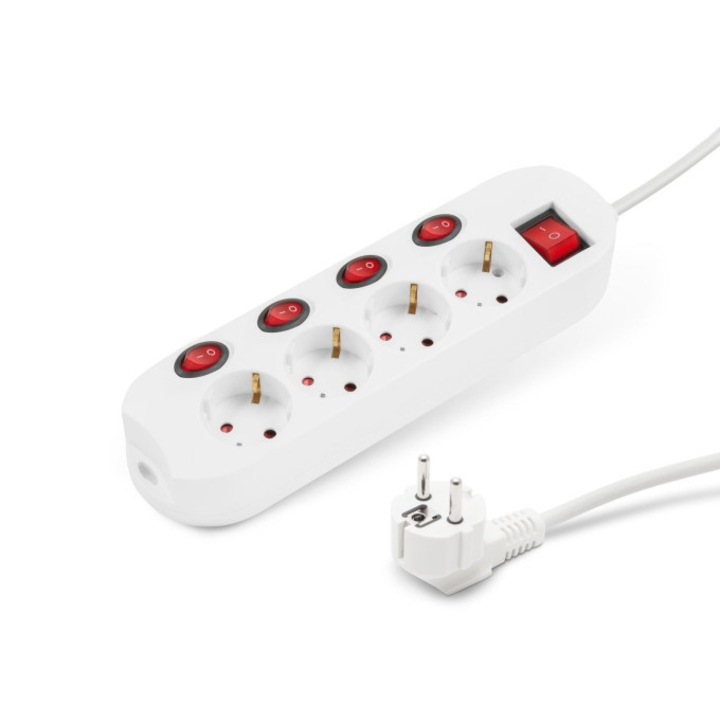 Удължителен кабел с 4 гнезда, 5 бутона On/Off, щепсел 90 градуса, CEE щепсел 7/7, 10/16A, 250V, 50 Hz, дължина на кабела 1.5m, бял
