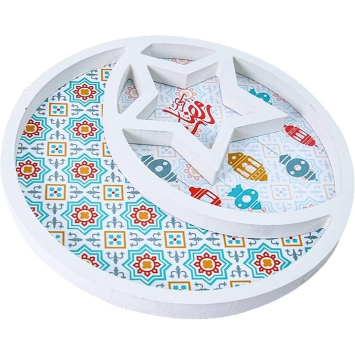 Platou de Servire din Lemn, Design cu Stele si Luna, Tava pentru Deserturi, Suport Display pentru Eid Mubarak, Dimensiuni 29, 5 x 2 cm, Alb, VRFH
