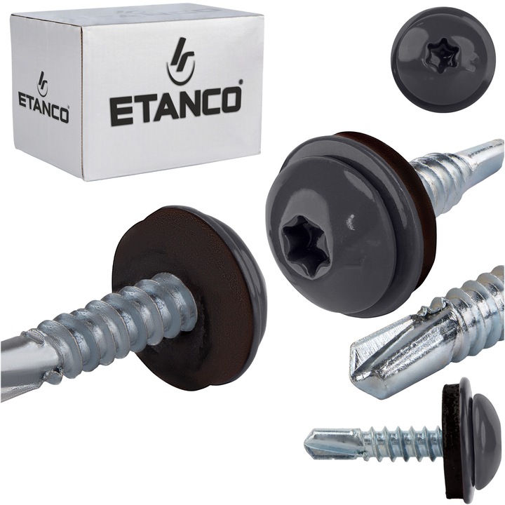 Set 250 Suruburi autoforante cu saiba 4.8x22mm, pentru metal, RAL 7024, Etanco GT3 PH (Z14)