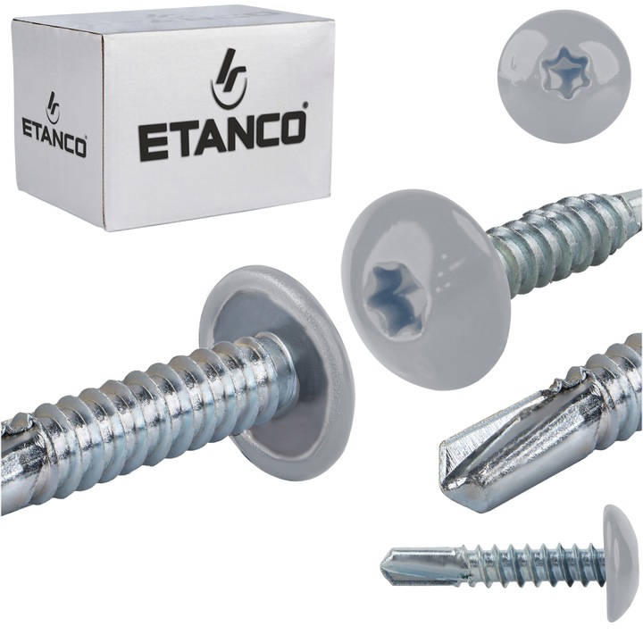Set 500 Suruburi autoforante 5.5x25mm, pentru metal, RAL 9006, Etanco GT5 PH