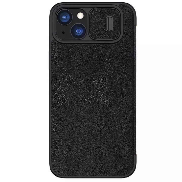 Husa compatibila cu iPhone 15 Plus, RAO Grip, ru iPhone 15 Plus - Nillkin QIN Leather Case, S58, Metal, Pitch Black
