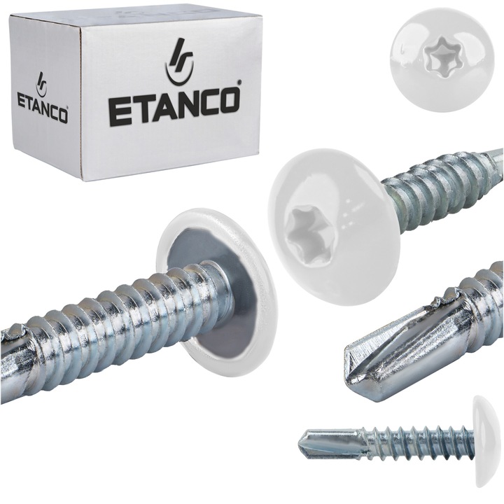 Set 500 Suruburi autoforante 5.5x25mm, pentru metal, RAL 9010, Etanco GT5 PH