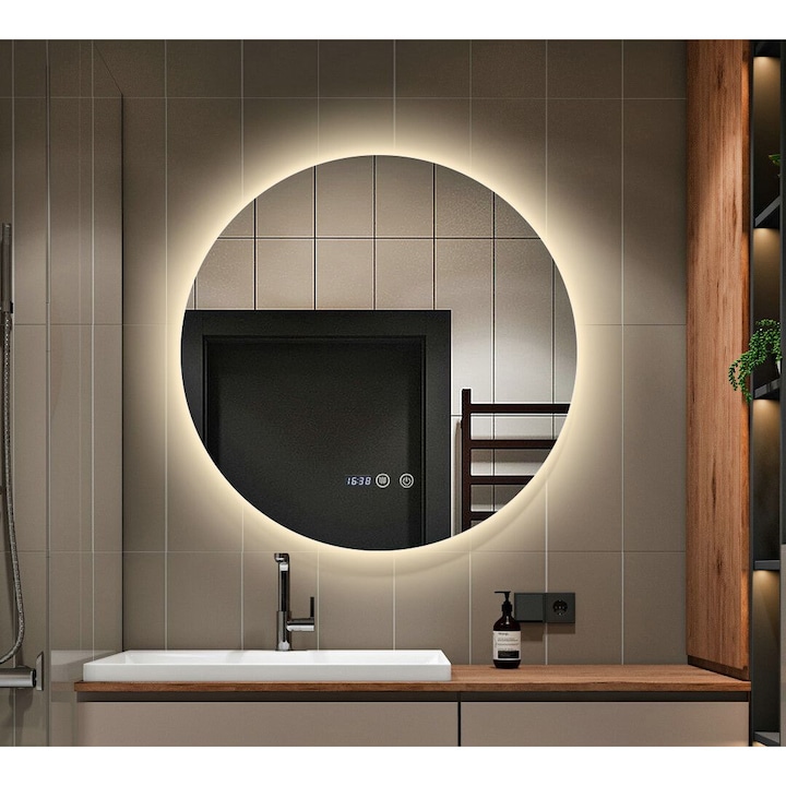Oglinda Baie LED si Dezaburire Elit's Premium cu Senzor Touch, Lumina Rece, Calda si Neutra, 70 cm, lumina ambientala spate