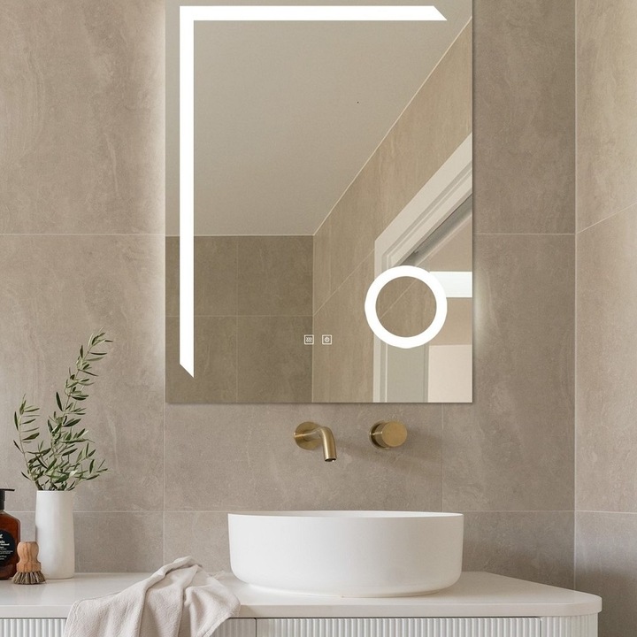 Oglinda Led Si Touch Cu Functie Dezaburire, Lumina rece, calda, neutra, 60x80cm, lupa cosmetica x3