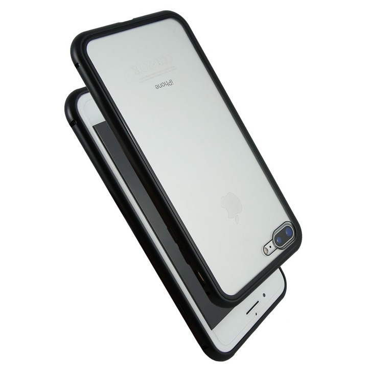Etui Magnetic back glass ERBORD pentru iPhone 8 Plus/7 Plus, negru, protectie inalta, aluminiu si sticla hartuita