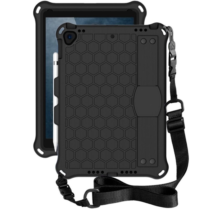 Husa iPad 10.2" 2019/2020/2021, XGSM, hibrida, rezistenta la socuri, neagra, cu suport ajustabil si curea de transport