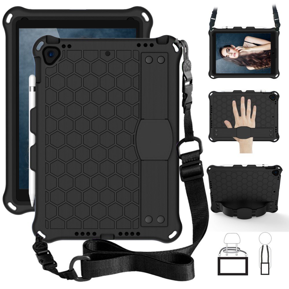 Husa iPad 10.2" 2019/2020/2021, XGSM, hibrida, rezistenta la socuri, neagra, cu suport ajustabil si curea de transport