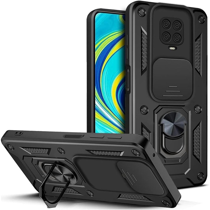 Husa telefon Mat-Tech compatibila cu Xiaomi Redmi Note 9s / 9 Pro / 9 Pro Max, Protectie Camera Slide and Snap Soft Premium, Magnetic Ring Holder, PopGrip, Anti-Shock, Rugged Protection, Negru